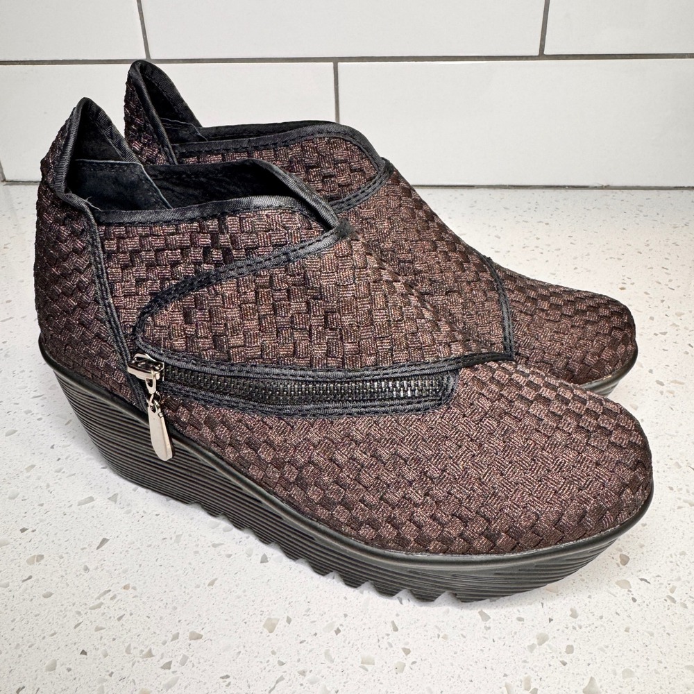 Bernie Mev Zig Zag Woven Wedge Ankle Bootie‎ Bronze Metallic Black 38 or 7